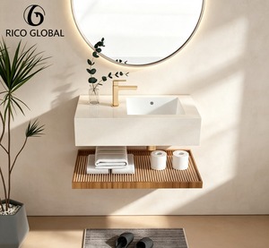 Lavabo rectangulaire en porcelaine RICO GLOBAL à fixation murale avec robinet doré, meuble-lavabo minimaliste pour salle de bain - Product Image 1