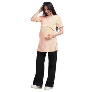 T-shirt de maternité rayé pour femme, manches courtes, col rond, coupe ample, respirant, tricoté, décontracté, mi-long, orange et noir - Product Image 1