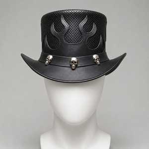 Unisex Leather <b>Top</b> Hat with Embossed Flames and <b>Skulls</b> Casual Style Adjustable 56-58CM Adult Party Hat - Product Image 1