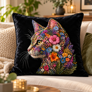 Housse de coussin florale pour chat, moderne, en velours, carrée, imprimée, motif animal, décorative pour canapé et maison - Product Image 1