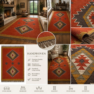Indian Dhurrie <b>Rug</b> Southwestern Geometric Wool Jute Area <b>Rug</b> Handmade <b>Boho</b> Kilim Tribal Carpet Rustic Farmhouse Living Room - Product Image 6