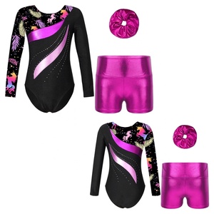 4-14 Ensemble de danse pour enfants, justaucorps imprimé avec short métallique et cravate pour les cheveux, couvre-chef pour la gymnastique, le patinage et la performance. - Product Image 2
