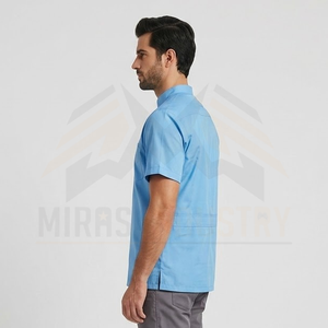 Camisetas de trabajo de manga corta azul claro para hombre, de algodón transpirable, con bolsillos frontales - Product Image 5