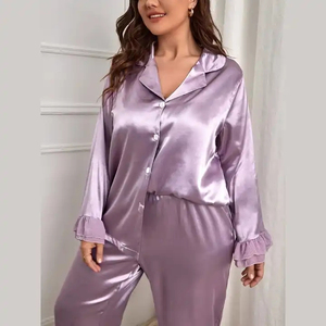 Women Sleepwear Women's Luxury Silk Pajamas with Elastic Waist Solid Design <b>Machine</b> Embroidery Spring Season - Product Image 1