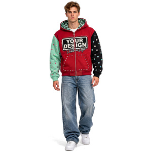 Sweat à capuche zippé épais pour homme, style streetwear, délavé, colorblock, broderie, coton, décontracté, mode urbaine - Product Image 4