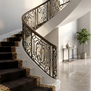 Luxury Rose Gold Stair Railing with Ornate Floral Design Wooden <b>Handrail</b> and Marble <b>Steps</b> for Modern Home Interior - Product Image 1