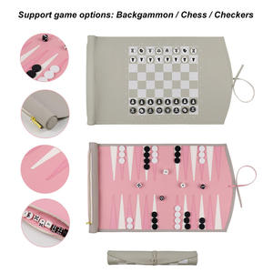 Best Gift Travel Portable Chess Game <b>Backgammon</b> Square Best Quality PU Leather Roll up <b>Set</b> Handmade Pink & Gray Luxury - Product Image 4