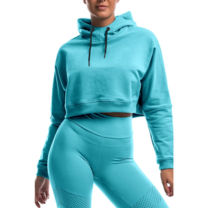 Haut de sport à capuche court pour femme en coton, coupe ample, manches longues, pour fitness, gym, entraînement, course à pied, athlétisme - Product Image 4