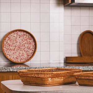 Rattan Serving <b>Tray</b>, Square Woven Fruit Basket with Open-Loop Rim, Decorative <b>Tray</b> for <b>Kitchen</b>, Bread & Picnic Serving - Product Image 4