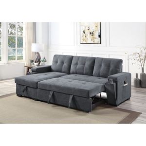 Toby 95 Reversible <b>Sleeper</b> Sectional <b>Sofa</b> Gray Woven Fabric Storage Chaise Cup Holder Charging Ports Pockets Product <b>Sofa</b> Beds - Product Image 3