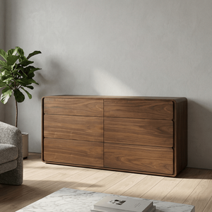 Commode autoportante moderne et minimaliste en teck massif Mora avec finition naturelle, 6 tiroirs, pour chambre à coucher, ferme ou salon - Product Image 1