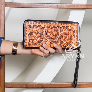 Pochette de soirée et portefeuille quotidien en cuir véritable fait main à motif floral vintage pour femme – Prix usine de gros - Product Image 1