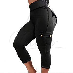 High Waist Black Capri <b>Leggings</b> <b>With</b> <b>Pockets</b> Seamless Four-Way Stretch Yoga Pants Knee Length Solid Color Women's Fitness Wear - Product Image 6