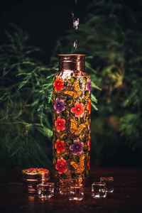 Copper Water Bottle <b>Butterfly</b> Floral Embossed Enamel Design Ayurvedic Drinking Bottle Reusable Gift Travel Bottle - Product Image 3