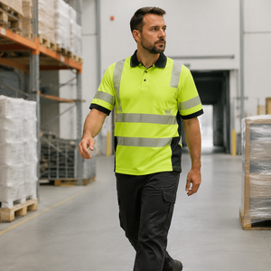 Polo de travail jaune haute visibilité réfléchissant avec bordure noire et poche poitrine, espace pour logo personnalisé - Product Image 5