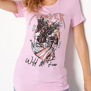 Camiseta Rosa de Cuello Redondo y Manga Corta para Mujer, con Estampado de Águila, Logo 'Forever Young Wild Free', Informal, Transpirable y Ecológica - Product Image 2