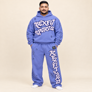 Applique Style Graphic Unisex Tracksuit Custom Pullover Hoodie <b>Wide</b> <b>Leg</b> <b>Joggers</b> Distressed Cuts with Sleeve - Product Image 3