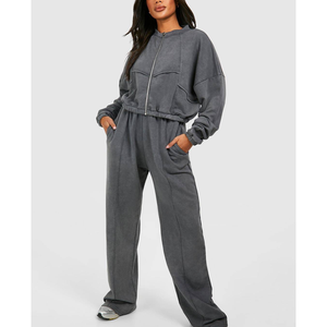 Conjunto Deportivo de 2 Piezas para Mujer, Estilo Vintage, Lavado, Informal, con Cierre, Estampado DTG, Grueso, Cálido, para Entrenamiento, Senderismo, de Algodón - Product Image 4