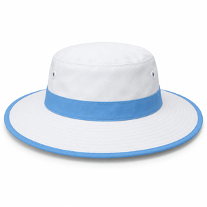 Sombrero de Pescador Blanco de Ala Ancha con Banda de Contraste Azul, Gorra de Lona para el Sol de Verano - Product Image 1
