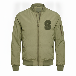 Chaqueta Bomber Verde Oliva para Hombre con Parche de la Letra S, Cierre de Cremallera, Cuello Alto, Estilo Casual para Otoño - Product Image 1