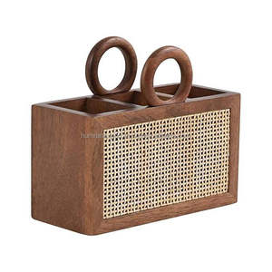 Wooden <b>Gold</b> Plated Cutlery Holder with <b>Mirror</b> Finish Rattan Panel Short Handle Classic Design for Kitchen Storage - Product Image 1