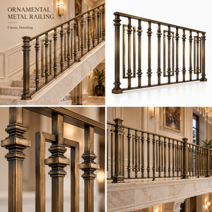 Rampe d'escalier classique en métal bronze foncé avec balustres décoratifs carrés pour villas, hôtels et intérieurs élégants - Product Image 5