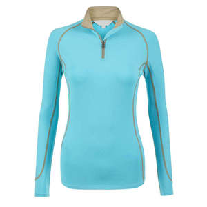 Light <b>Blue</b> Long Sleeve Equestrian Riding Top With Zipper And Beige Trim Polyester <b>Material</b> - Product Image 1