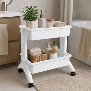 White Double Tier Plastic <b>Storage</b> <b>Cart</b> with Wheels for Office Organization - Product Image 3