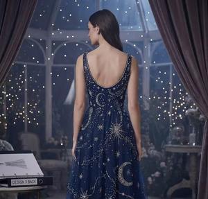 Vestido de Noche Azul Marino de Lujo con Hombros Descubiertos, Bordado de Luna y Estrellas Celestiales, Tul, Corte en A, para Mujer - Product Image 2