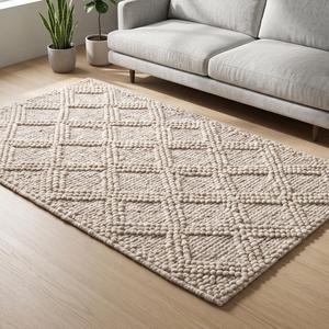 Tapis en boucle épais tissé à la main - Crème Beige Couleur Unie Laine Antidérapant Moderne Minimaliste Usage Commercial et Domestique - Product Image 3