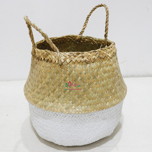 Panier rond artisanal en jonc de mer naturel, écologique, rustique, pliable, bicolore avec poignées, pour rangement et couverture de pot de plantes - Product Image 6