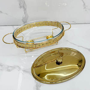 Luxury Round Stainless Steel Chafing Dish <b>Buffet</b> Food Warmer Gold Finish Ornate Pillar Stand Glass Lid Wedding Catering <b>Server</b> - Product Image 3