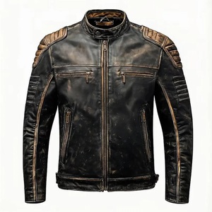 High Street Custom 100% Genuine Leather Winter Distressed Stand Collar Zipper <b>Jacket</b> for Men with Pockets Plain Dyed OEM Service - Product Image 1