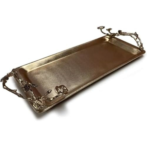 <b>Silver</b> Oval Aluminum Serving Tray with Gold Ribbon Handle Decorative Metal Platter For Wedding Party and <b>Coffee</b> <b>Table</b> Home Decor - Product Image 2