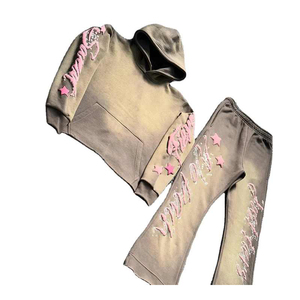 ชุดวอร์มลำลองสไตล์ Y2K สำหรับผู้ชาย เสื้อฮู้ดผ้าฝ้าย 100% สีชมพู แต่งตัวอักษรกลิตเตอร์ลายดาว กางเกงขายาวทรงหลวม ใส่ได้ในฤดูหนาว - Product Image 1