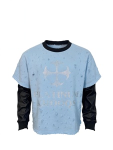Custom High Quality Men Vintage Light Blue Distressed Rhinestone Cross Graphic Oversized Heavyweight Leather Sleeve Layered Top - Product Image 1