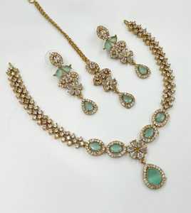 Elegant High Quality <b>Gold</b> Plated Bridal Shadow Choker <b>Set</b> Earrings Maang Tikka Flower Design Rhodium Plated Zircon Wedding - Product Image 1