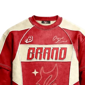 Nouvelle arrivée, sweat-shirt à manches longues en denim délavé de couleur rouge pour homme, col rond, patchwork, pull personnalisé, streetwear - Product Image 4