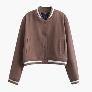 Women's <b>Black</b> Short Varsity <b>Jacket</b> Full Sleeve Stand Collar Button Closure Sporty Casual Outerwear Solid Color Contrast Trim - Product Image 3