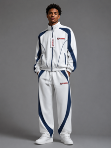 Ensemble de survêtement sportif FLY Humble pour homme, blanc et bleu, avec fermeture éclair intégrale, respirant, en nylon, idéal pour l'été, prix abordable, motif léopard personnalisé - Product Image 1