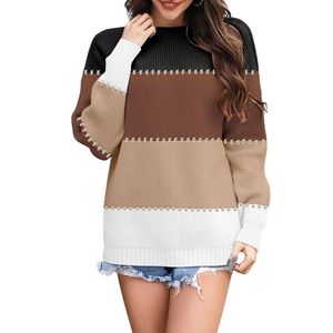 Suéteres de Punto Acrílico Personalizados de Invierno, Tricolor, Manga Larga, Cómodos, de Alta Calidad, a Rayas, para Mujer, Talla Grande - Product Image 1