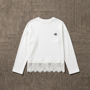 Chemisier femme en coton 100% de qualité supérieure à manches longues, avec ourlet en dentelle, coupe ample, fente latérale, broderie ton sur ton personnalisée - Product Image 3