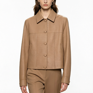 Chaqueta Corta de Cuero Genuino para Mujer, Estilo Moto, con Cuello Camisero, Manga Larga, Patrón Repujado, para Otoño - Product Image 1