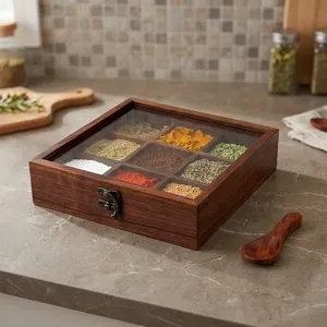 Boîte à épices en bois artisanale avec couvercle et cuillère, organisateur d'épices de cuisine à 9 compartiments, conteneur de rangement pour épices en bois - Product Image 3