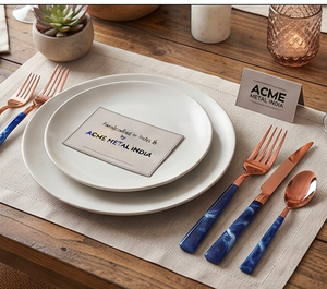Modern Copper Finish Flatware Set With Blue Marbled Handles <b>Mirror</b> Rose Gold PVD Dishwasher Safe For Wedding And Home Use - Product Image 3