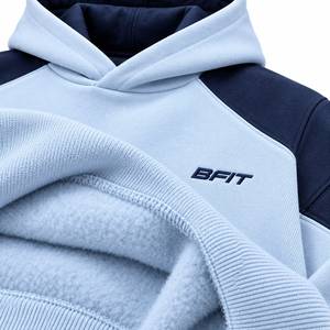 <b>Men</b>’s Oversized Ice Blue <b>Navy</b> <b>Fleece</b> Pullover Hoodie with Embroidered Logo Contrast Shoulders and Welt Pockets - Product Image 6