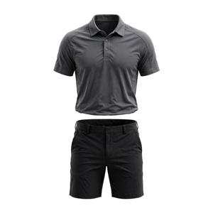 Ensemble polo et short bermuda pour homme, 100% coton respirant, couleur unie, séchage rapide, vêtements décontractés avec poches, design taille mi-haute - Product Image 1
