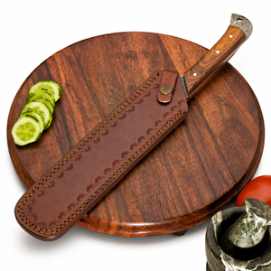 BurraqDamascus Steel Chef <b>Knife</b> 8-9.9in Wood Handle Leather Sheath Modern Forged Right Hand High-Polish Finish Dishwasher <b>Safe</b> - Product Image 6