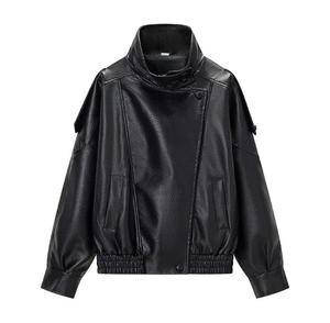 Chaqueta de Moto Unisex de Cuero PU, Cuello Alto, Cierre de Cremallera, Largo Regular, Color Sólido, Prenda de Invierno - Product Image 4