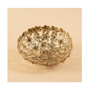 Gold Toned Brass Basket with Floral Design Handcrafted Metallic Centerpiece Bowl - Product Image 6